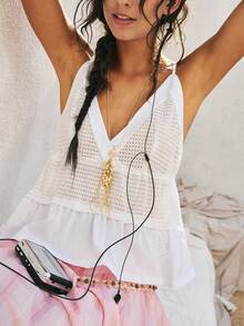 SoleilVie Damen weißes Sommer Boho Urlaub Feiertag Baumwolle Trägertop, Ananas Textur Patchwork Rüschen Saum Lässig Süß Strand Top - Beige - Übersicht 7