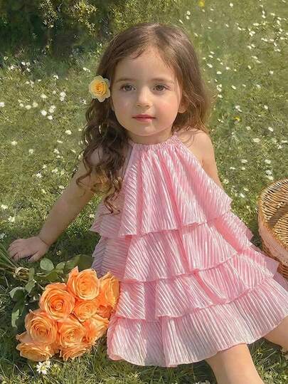 This Single-Piece Cute Baby Girl Casual, Simple, And Adorable Woven Dress With A Pleated And Spaghetti Straps Is Suitable For Birthday Parties, Evening Parties, Performances, Weddings, Baptisms, Opening Ceremonies, Everyday Wear, School, Outings, And Spring/Summer Seasons.