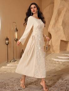 Al Najma Đầm kiểu Ả Rập cổ tròn thanh lịch đính sequin và thêu dành cho phụ nữ - Màu be - Xem 6