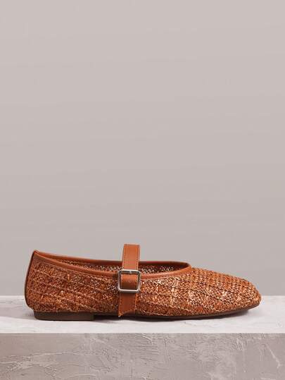 Styleloop Women's Flat Shoes, Woven Breathable Strap Decor Low-Top Square Toe Comfortable Elegant Mary Jane, Vacation Style Travel Essential, Bohemian