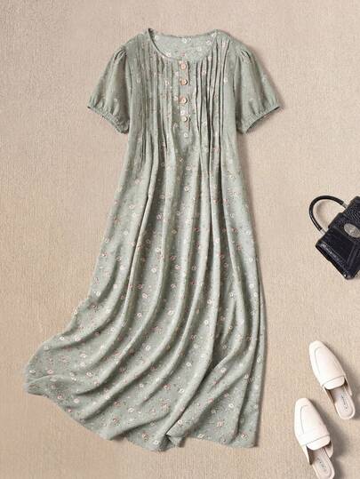 Rusticease Women's Floral Print Round Neck Short Sleeve Dress