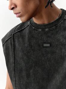 SWAVVY Kaos Pria Lengan Pendek Longgar Kasual, Ukuran Standar, Warna Hitam dengan Desain Blok Warna yang Dicuci - Hitam - View 3