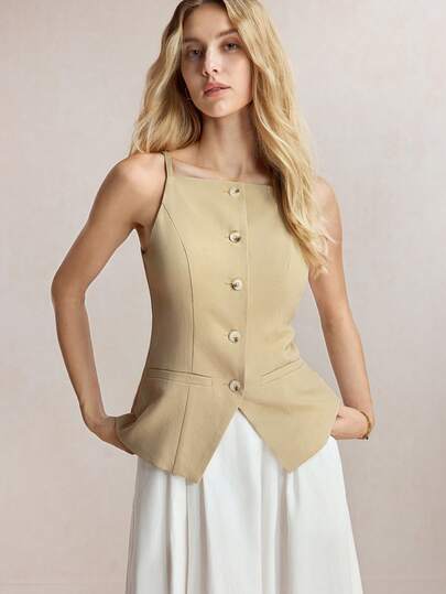 BizChic Spring/Summer New Green One-Shoulder Strap Front Button Vest, Commuting Office Outfit, Social Top/Work Attire, Mother's Day Party Elegant Blouse, Wedding Guest Gathering Date Luxury Evening Dress, Graduation Ceremony Country Music Concert