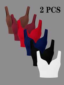 SHEIN Velisys 2PCS Bra Olahraga Wanita Ukuran Plus Warna Hitam Polos Musim Panas, Atasan Olahraga Atletik dengan Bra Terintegrasi untuk Pilates, Atasan Atletik Gym untuk Wanita Berlekuk - MultiWarna - View 3