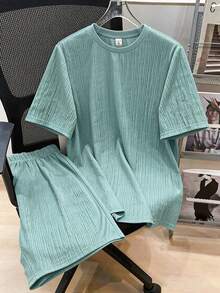 SHEIN 2件套青少年男童休闲圆领短袖T恤短裤运动套装,针织提花T恤套装,绿色套装,街头朋克摇滚学院日常出行派对音乐节,Y2K套装,适合春夏、郊游、情人节、约会、旅行、度假、家庭聚会、返校季、婚礼季、正式晚宴、运动、生日派对等场合。 - 綠色 - 查看 3