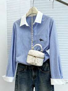 GlowEve CURVE Plus Size Women's Elegant Blue And White Striped Long Sleeve Shirt,Horse Decor Pocket,Smart Casual Autumn School Back-To-School Work Casual Outfits - Blue and White - View 8