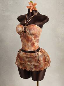 Zestiva 女士三件套泳装，扎染印花，串珠挂脖式领口，收腰设计，搭配多层吊带裙，夏季款 - 橘色 - 查看 3