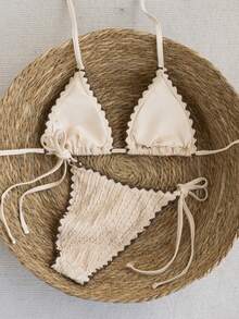 Swim Mod Women's Beige,Summer,Casual,Beach,Holiday,Vacation,Holiday Patchwork Halter Tie Bikini And Triangle Briefs Swimwear Set Sea Shell Bikinis Set - Multicolor - View 2