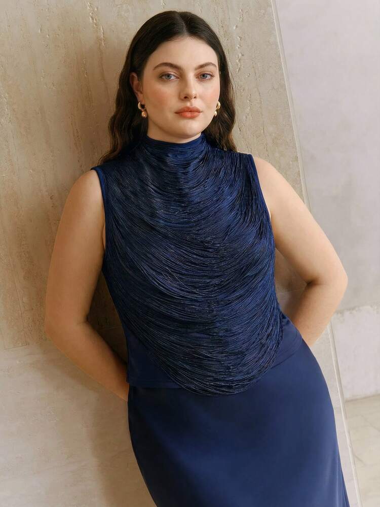 Elegant Vintage Navy Blue Sleeveless High Neck Tassel Patchwork Vest Top For Women