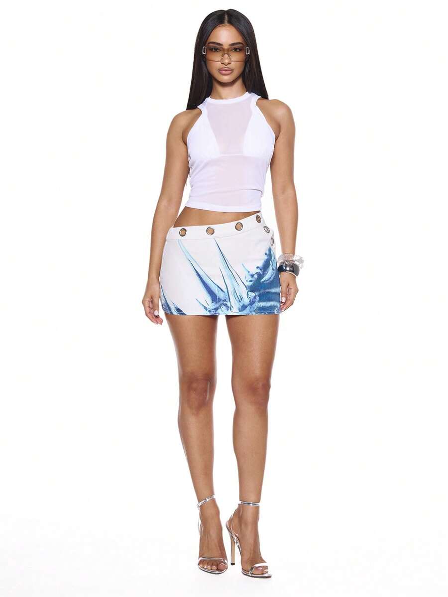 MUSERA 不对称镂空细节牛仔迷你裙，性感夏季春季锐舞节假日度假派对外出旅行 - 彩色 - 查看 1