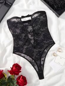 SHEIN Bộ đồ liền thân ren trang trí nơ khoét rỗng, gợi cảm khi đi chơi, phong cách Baddie - màu đen - Xem 2
