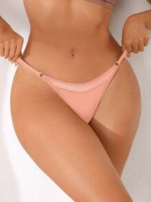 1pc Solid Color Sexy Thin Waist Mesh Splice Women's G-String Panty - Dusty Pink - View 7
