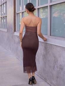 Andrea Bello 美式漸變網紗無肩線緊身連衣裙 - 咖啡棕 - 查看 3