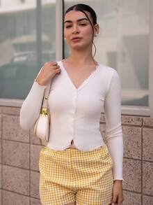 Andrea Bello 女士蕾丝荷叶边修身开衫长袖上衣 - 米色 - 查看 4