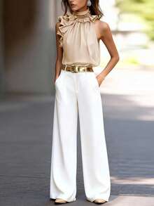 Balvessa Bộ đồ nữ màu trơn gồm áo cổ yếm xếp tầng và quần ống rộng, kiểu dáng thường ngày. - Màu be - Xem 3