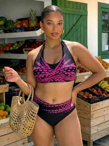 Swim Lushoire Plus Size Women Summer Beach Color Block Halter Bikini Top And Triangle Bottoms Swimwear Set - Multicolor - View 1