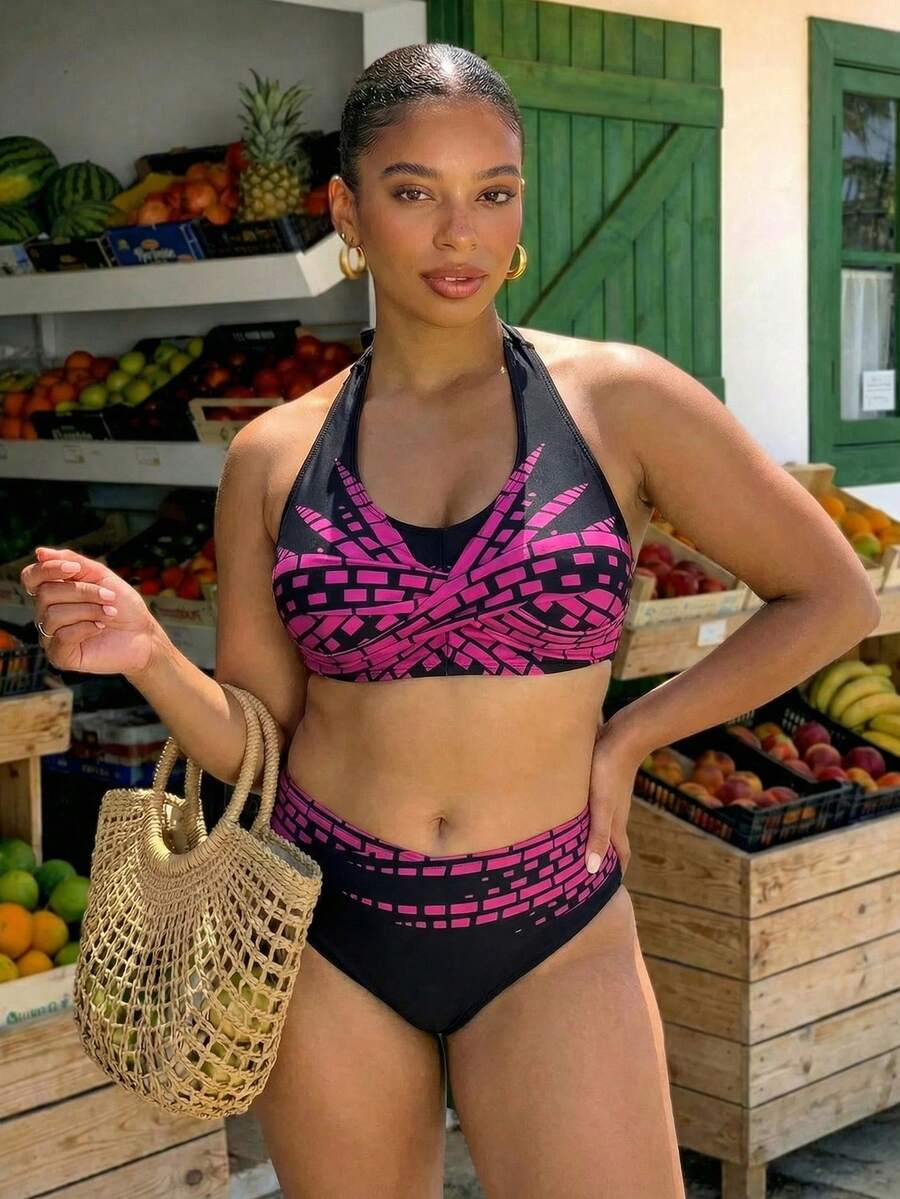 Swim Lushoire Plus Size Women Summer Beach Color Block Halter Bikini Top And Triangle Bottoms Swimwear Set - Multicolor - View 1