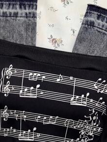 SHEIN 少女复古露肩长袖上衣，儿童笔记印花修身T恤，时尚百搭，条纹复古Y2K风格，质感面料，休闲百搭，姐妹礼物，适合返校季穿着，节日礼物，春、夏、秋季皆宜 - 黑色 - 查看 3