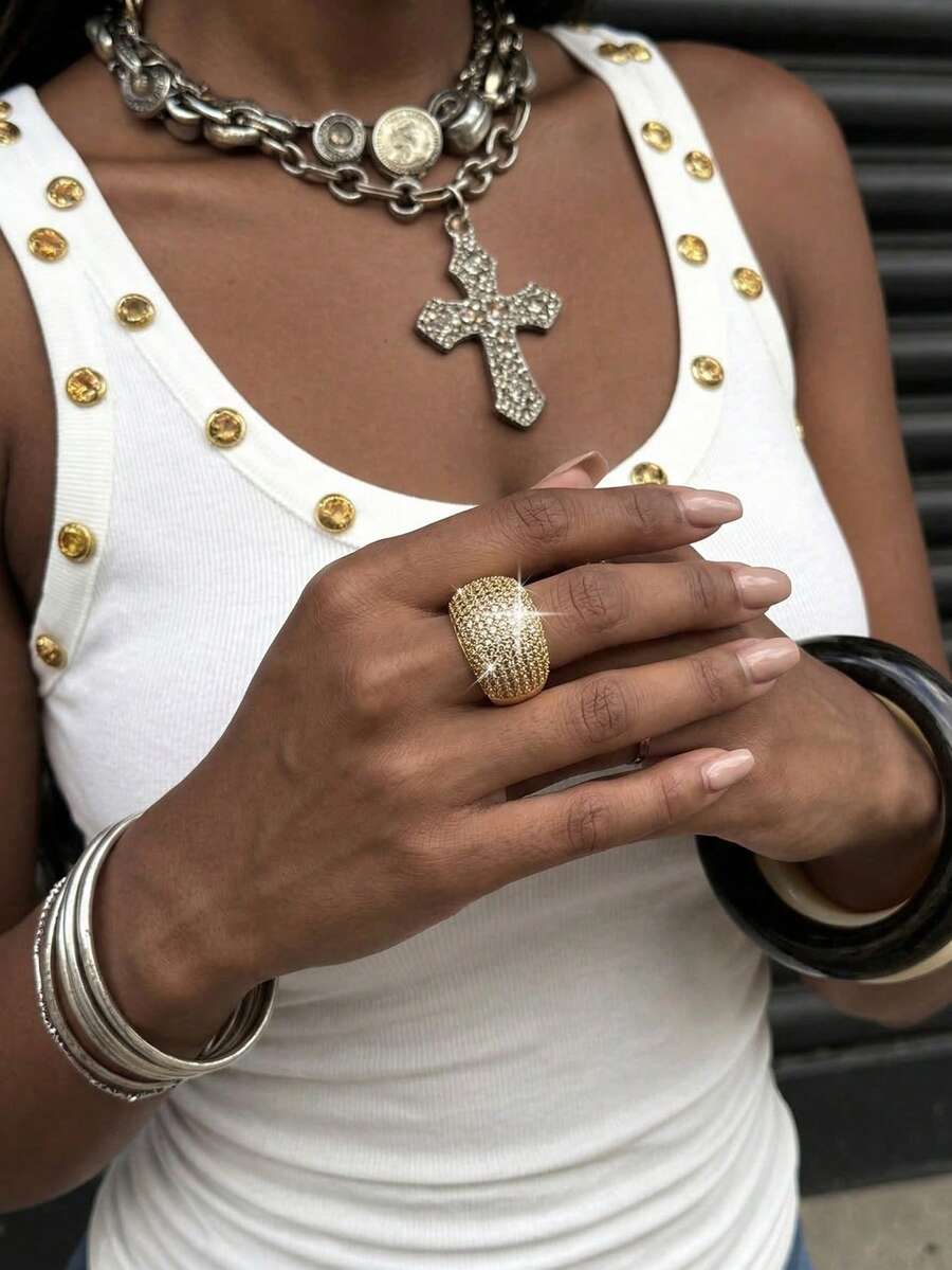 SHEIN 1 件奢华金戒指闪亮方晶锆石个性戒指女士派对宴会婚礼节日礼物和情人节礼物 - 金黃色 - 查看 1