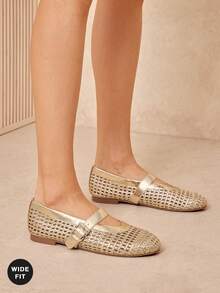 SHUZIA Ladies Wide Fit Crochet Woven PU Mary Jane Flats - Gold - View 2