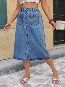EMERY ROSE EMERY ROSE Plus Size Women's Single-Breasted Dual Pocket Casual Denim Mini Skirt - Medium Wash - View 3