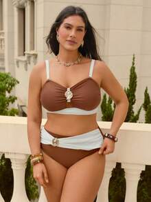 Swim Chiccia 2026 Plus Size Women's Brown & Beige Fashionable Sexy Casual Vacation Bikini Set - Multicolor - View 3