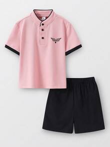 SHEIN Bộ 2 món cho bé trai, gồm áo thun dệt kim cổ bẻ phối màu tương phản, kiểu dáng thoải mái, đa năng, thích hợp mặc hàng ngày, thể thao, dã ngoại, đi học, dự tiệc, nghỉ lễ, chụp ảnh. - Nhiều màu - Xem 5
