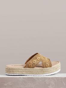 Styleloop Giày sandal đế xuồng nữ, sandal đế xuồng dệt kim màu trơn thời trang, sandal đế xuồng vải bố quai ngang mắt cá chân phong cách Bohemian retro, kiểu phương Tây, thích hợp cho các lễ hội âm nhạc, tiệc tùng, giày dép mùa xuân hè, lễ Phục sinh. - màu nâu - Xem 1