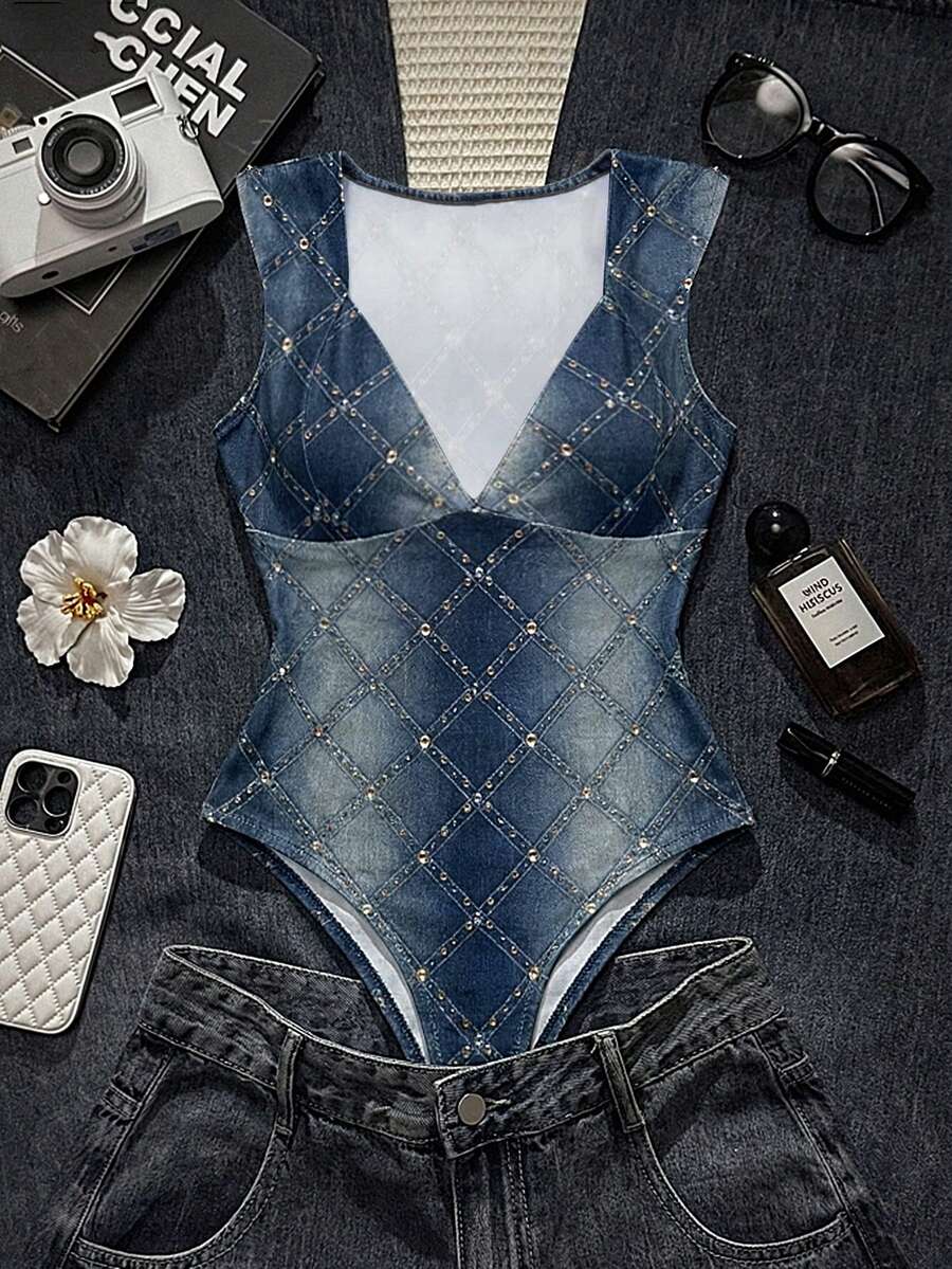 Women's Studded Sweetheart Neck Sexy Sleeveless Bodysuit - Multicolor - View 1