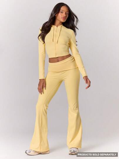 Musera Sport Fold Over Asymmetric Waistband Flared Active Pants Sport Workout Gym Pilates Fitness Daily Casual Banana Pudding