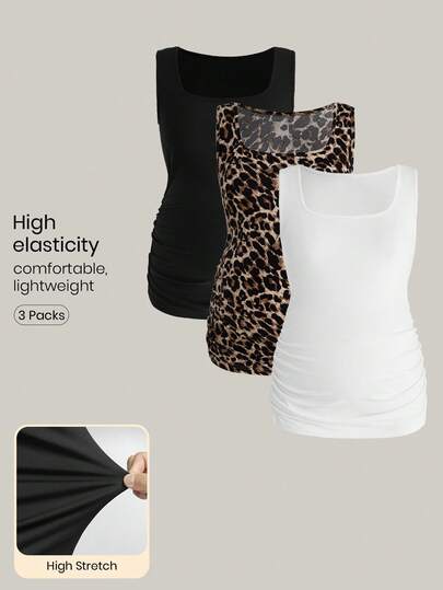 Modmama 3件套孕妇夏季休闲通勤纯色和豹纹褶皱修身吊带背心