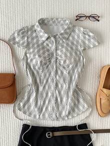 Comfortcana Camicia casual da donna con maniche a cappuccio, monopetto, plissettata - Albicocca - Visualizzare 3