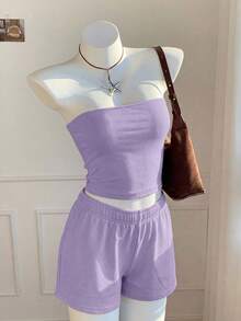 Comfortcana 女士休闲纯色紫色上衣/吊带背心和短裤两件套，舒适家居服，夏季短裤套装，女士舒适两件套，两件套夏季套装 - 紫色 - 查看 4