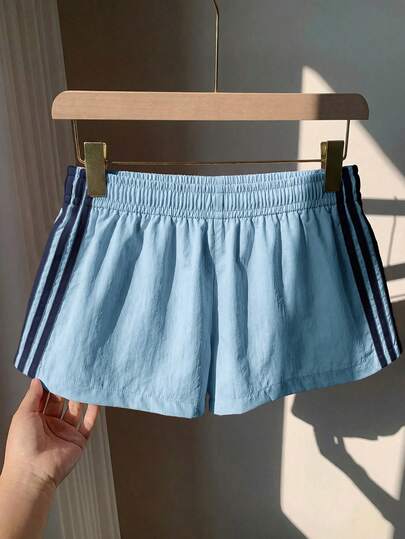 Comfortcana 2026 Women's Blue Side Stripe Elastic Waist Loose Casual Shorts, Summer