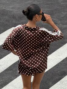 Muchica 女士棕色波点拼接侧边饰带运动休闲套装，夏季女士度假套装，女士夏季服装，女士假日套装，女士波点套装，女士套装 - 棕色 - 查看 2