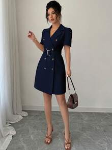 Selianne Đầm cổ bẻ thắt eo hai hàng cúc tay cánh hoa - Màu xanh hải quân - Xem 6
