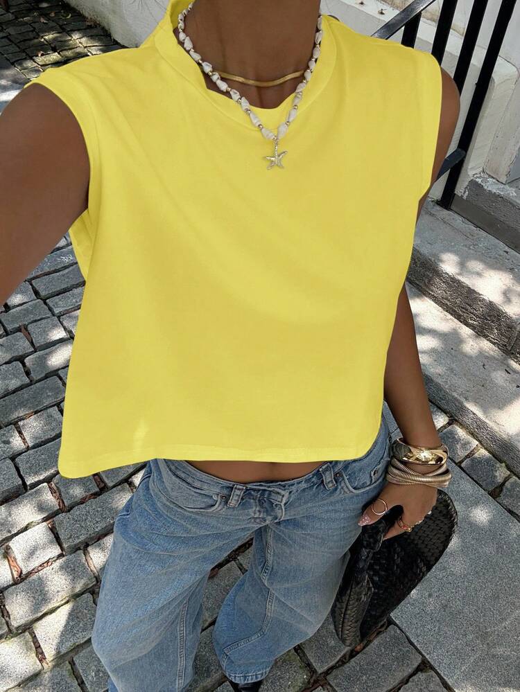 Siren Gaze 休闲纯色宽肩短款背心 - 淡黃色 - 查看 3