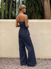 DAZY Conjunto de top tubo a rayas y pantalones vaqueros de pierna ancha para vacaciones y viajes, de corte holgado, para primavera/verano - Azul - Ver 4