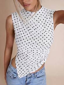 SHEIN BAE Áo tank top nữ in chấm bi, cổ đứng, vạt bất đối xứng. - trắng - Xem 7