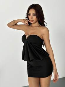 SHEIN PETITE Vestido mini sexy sin tirantes para mujer, verano, vestidos de verano para mujer, mujer pequeña - Negro - Ver 7