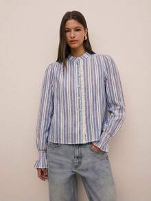 Nöista Elegant Blue And White Stripe Blouse,Mandarin Collar Long Puff Sleeves With Smocked Frill Cuffs,Front Ruffle Trim Vintage Top For Autumn Brunch - Blue and White - View 3