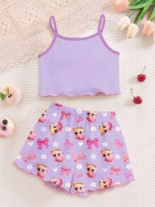 Bộ đồ ngủ bé gái kiểu dáng tối giản, ôm sát, gồm áo hai dây và quần short hoạt hình, họa tiết trái tim màu tím kem, nơ và hoa, thích hợp cho mùa hè ở nhà, bộ áo hai dây và quần short, thoải mái dễ chịu, phong cách thư giãn, giản dị, nữ tính. - Nhiều màu - Xem 2