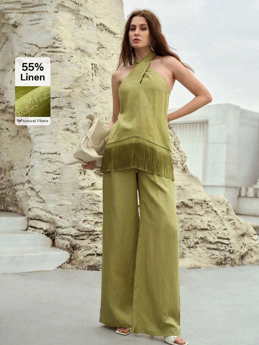 MOTF PREMIUM LINEN BLEND DRAWSTRING WAIST SUIT PANTS, SPRING/SUMMER - Green - View 1