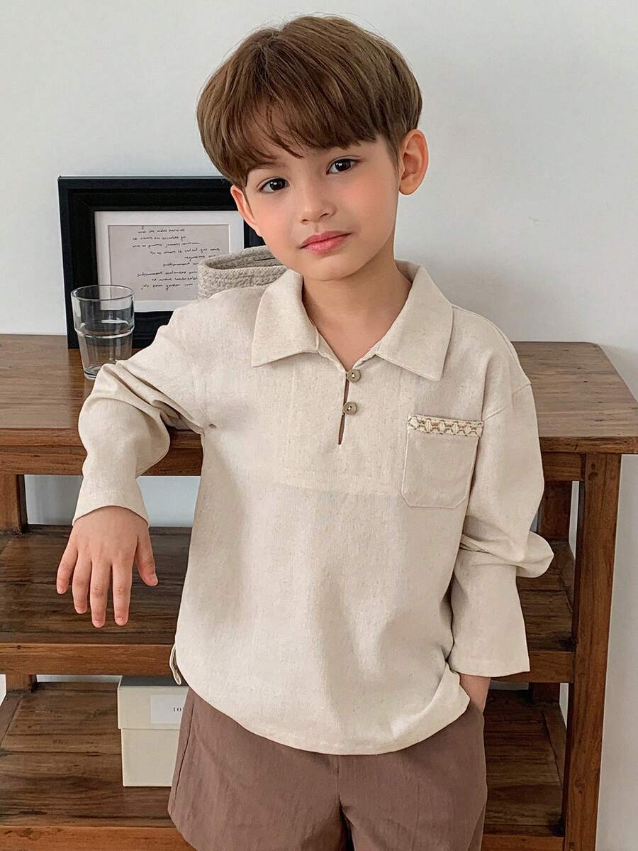 DAZY Áo sơ mi dài tay cổ polo họa tiết thường ngày cho bé trai - Màu be - Xem 1