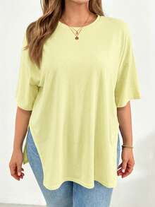 SHEIN Essnce Áo thun ngắn tay màu đen xẻ tà, kiểu dáng đơn giản, thoải mái, rộng rãi, cơ bản dành cho nữ, thích hợp mặc đi chơi, đi sân bay, phong cách mùa hè châu Âu. - Màu xanh hải quân - Xem 4