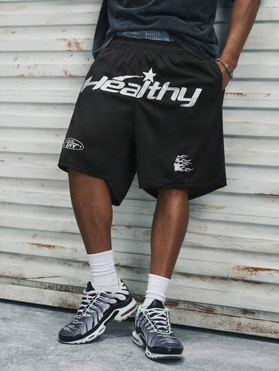 Modcrash 男士网眼透气字母印花沙滩短裤，Emo风格，2000年代风格，复古美式，男女皆宜，宽松版型夏季服装——适合日常穿着和夏季度假穿着。