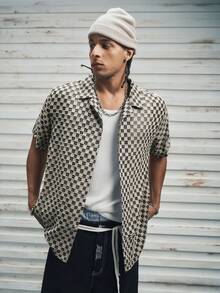 Modcrash 男士时尚经典格纹纹理开领休闲衬衫，适合日常休闲、通勤、街头时尚、夏季新品 - 杏色 - 查看 2