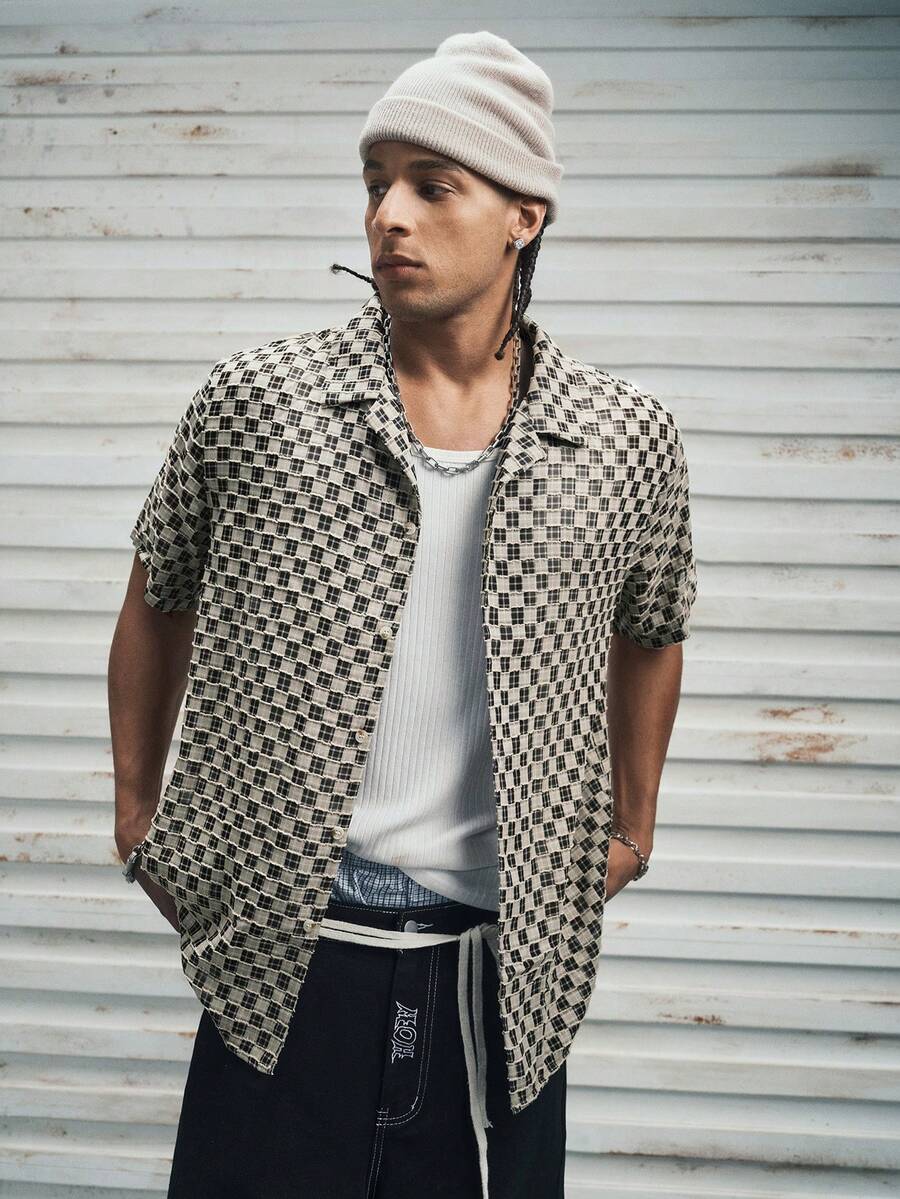 Modcrash 男士时尚经典格纹纹理开领休闲衬衫，适合日常休闲、通勤、街头时尚、夏季新品