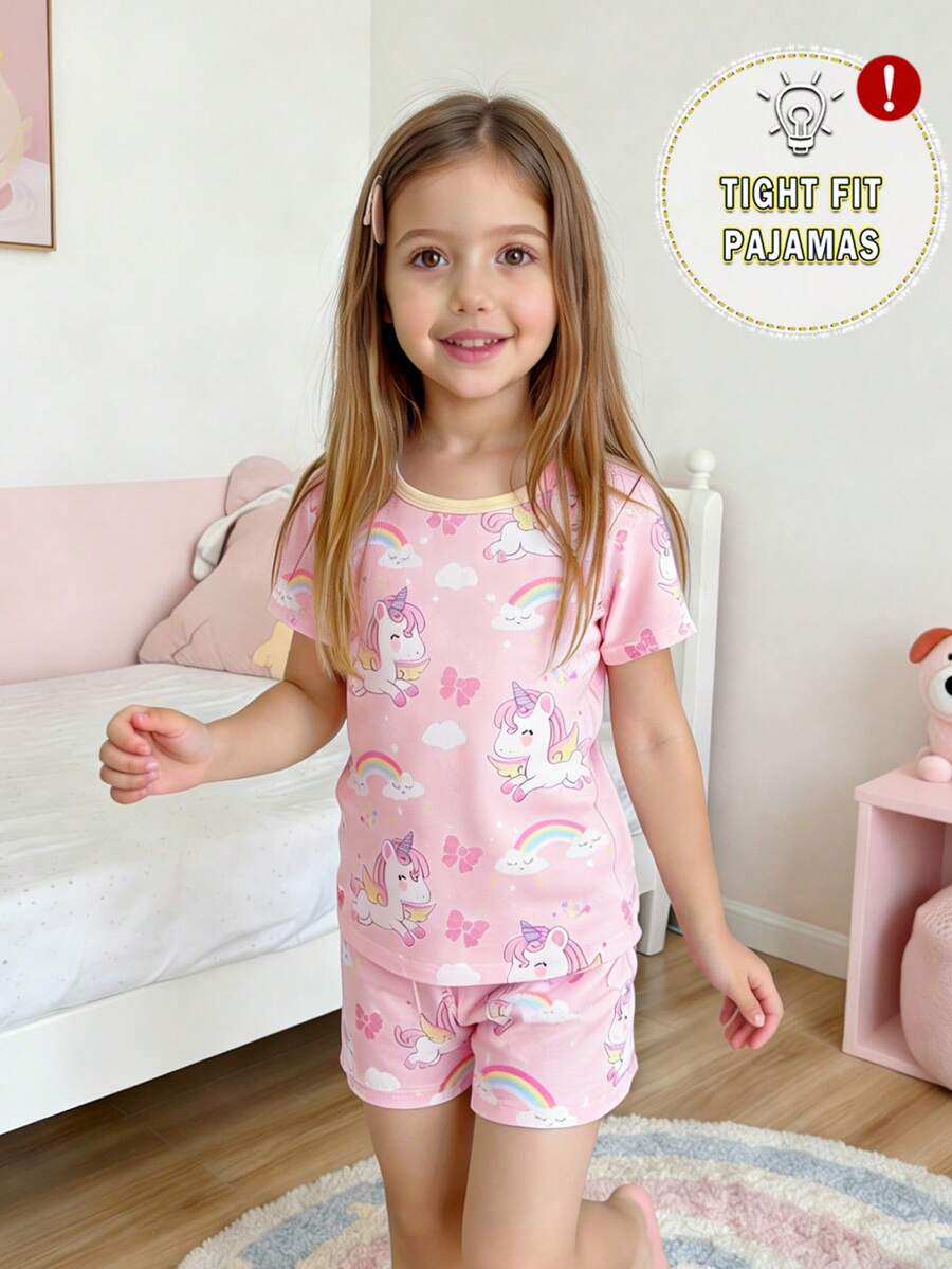 SHEIN Bộ đồ mặc nhà thoải mái cho bé gái, gồm áo thun cổ tròn ôm sát in hình khủng long hoạt hình dễ thương và quần short. - Hồng - Xem 1