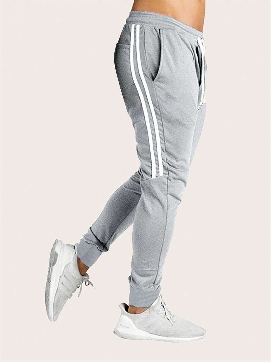 Manfinity Campus Court Men's Casual Joggers Pants With Patchwork Striped Detail - Light Grey - View 1